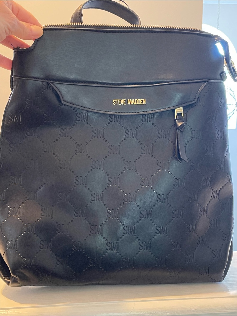 Steve Madden Black Quilted Logo Backpack